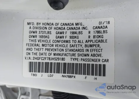 2018 Honda Civic Ex from USA, damaged, VIN 2HGFC2F78JH529180